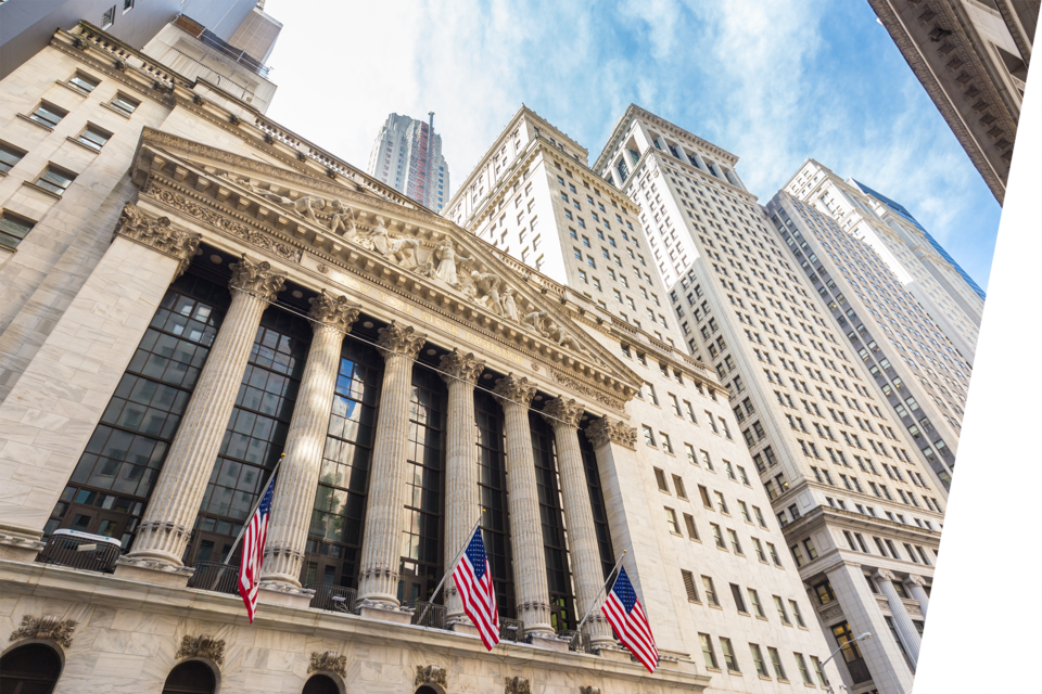 Photo of the outside of the New York Stock Exchange on Wall Street, Manhattan, New York.